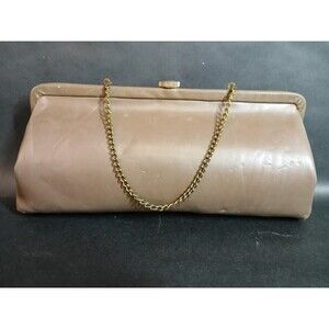 Vintage Handbag Camel Beige Leather Clutch Purse Bag w/Gold Clip Clasp & Chain